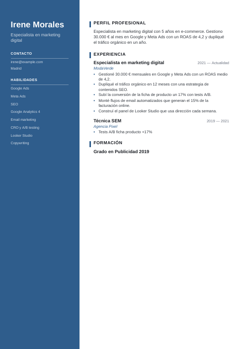 Moderna: currículum de ejemplo de especialista en marketing digital