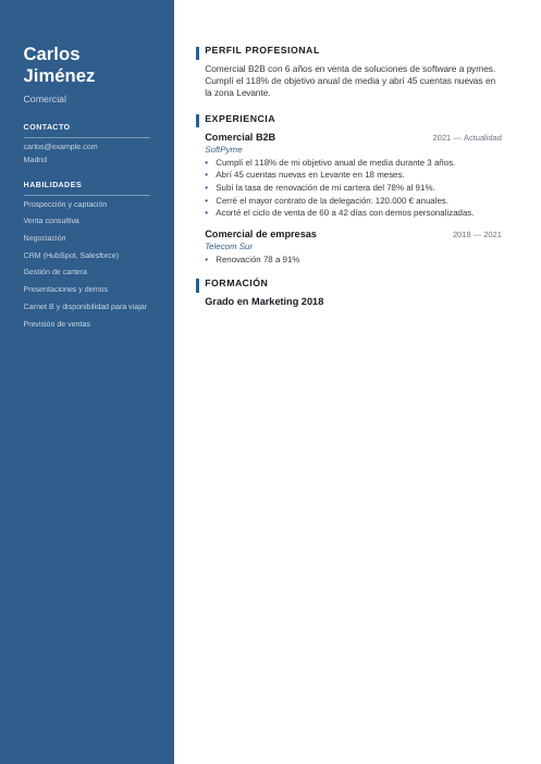 Plantilla de currículum profesional: currículum de ejemplo de comercial