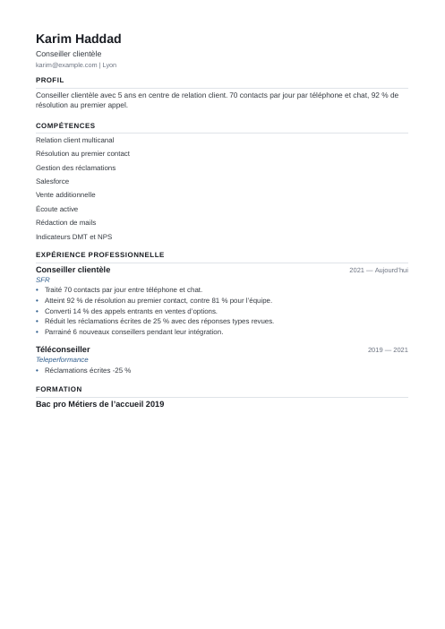 Modèle de CV compatible ATS : exemple de CV conseiller clientèle
