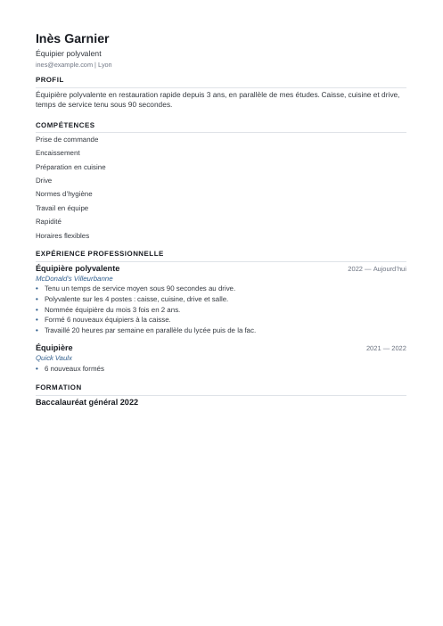 CV premier emploi : modèle : exemple de CV équipier polyvalent