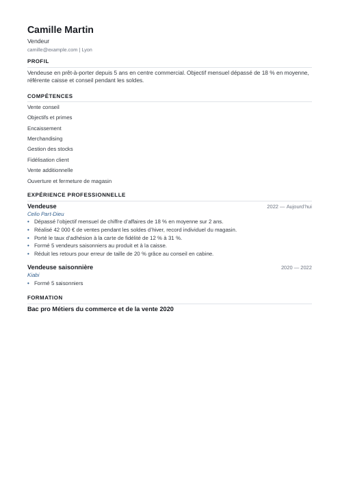 Modèle de CV sur une page : exemple de CV vendeur