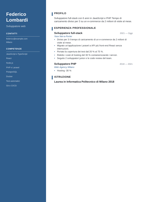 Curriculum per cambio lavoro: modello: esempio di curriculum da sviluppatore web