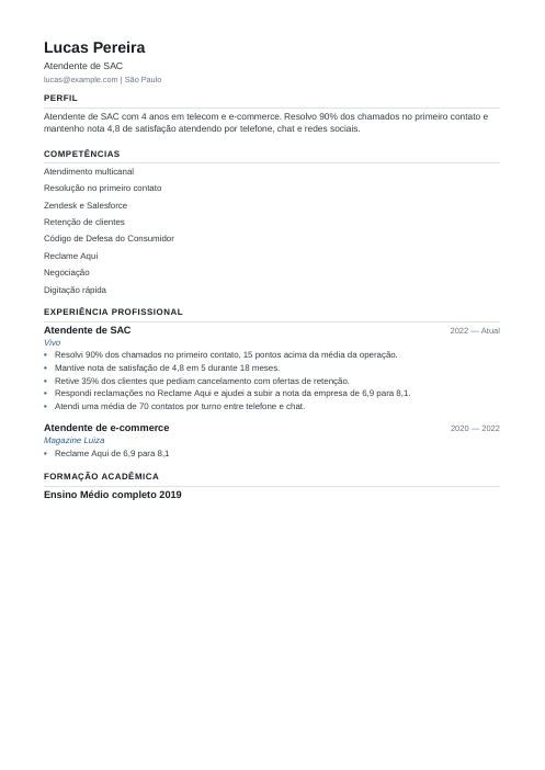 Modelo de currículo para ATS: currículo de exemplo de atendente de sac