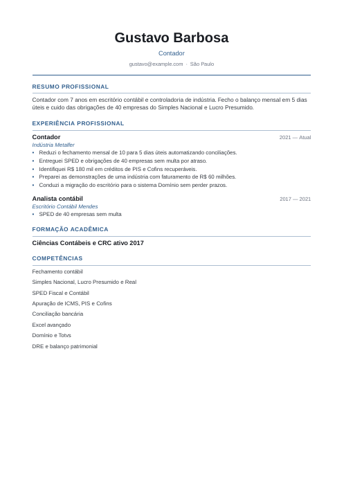 Minimalista: currículo de exemplo de contador