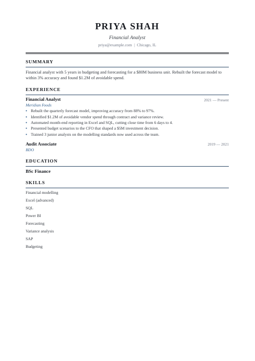 Classic resume template sample: Financial Analyst