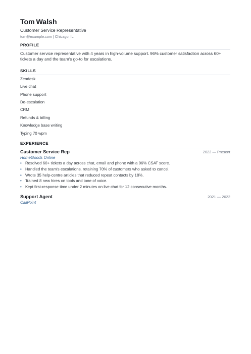 Entry-Level Resume Template sample: Customer Service Representative