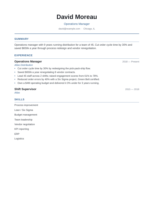Executive Resume Template sample: Operations Manager