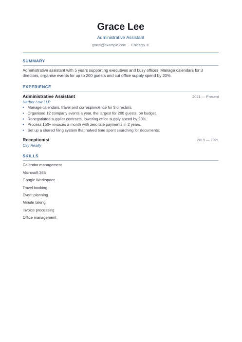 Simple Resume Template sample: Administrative Assistant