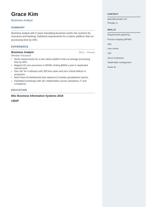 Split resume template sample: Business Analyst