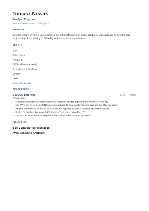 Tech resume template sample: DevOps Engineer